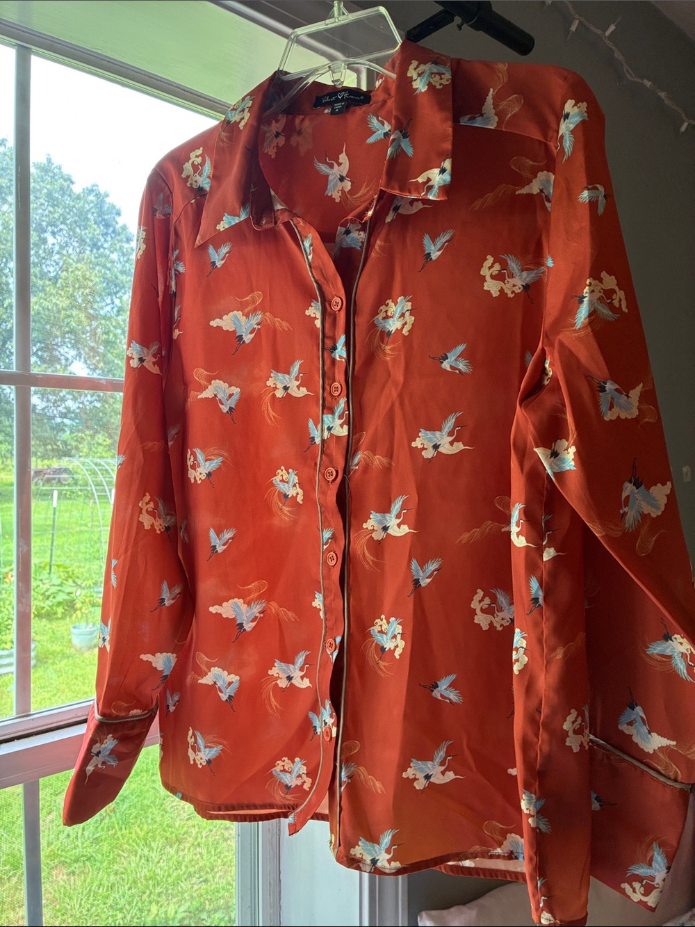 Rusty Orange Satin Button-Up Blouse with Blue Crane Print